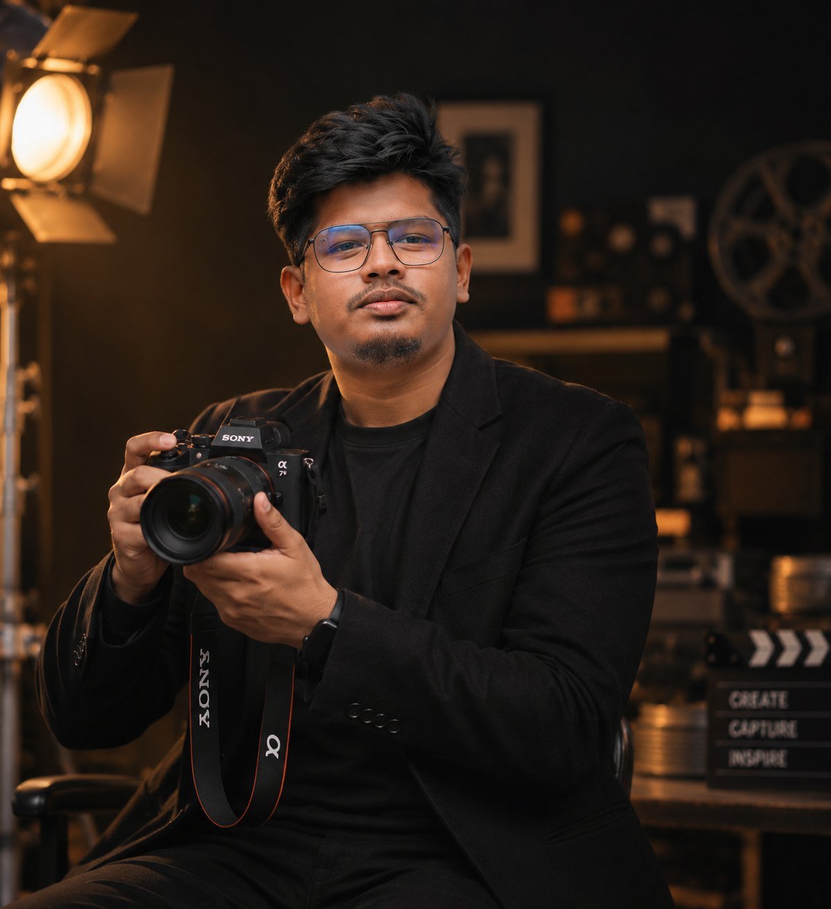 Abhishek Anand, founder and principal cinematographer of SliceX Films, seated in the studio holding a Sony Alpha camera under warm tungsten light